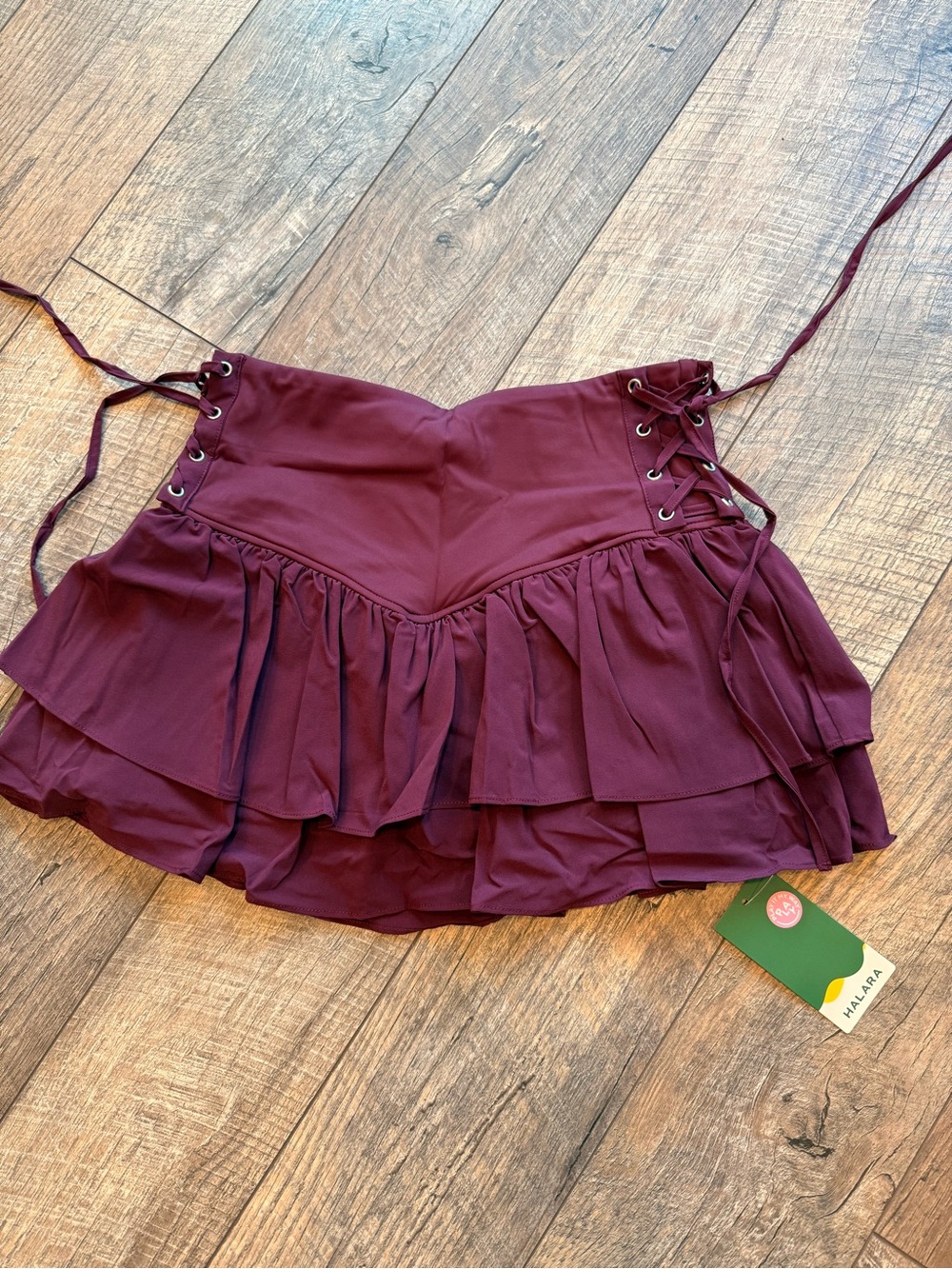 HALARA Burgundy Ruffle Mini Skirt with Lace-Up Sides